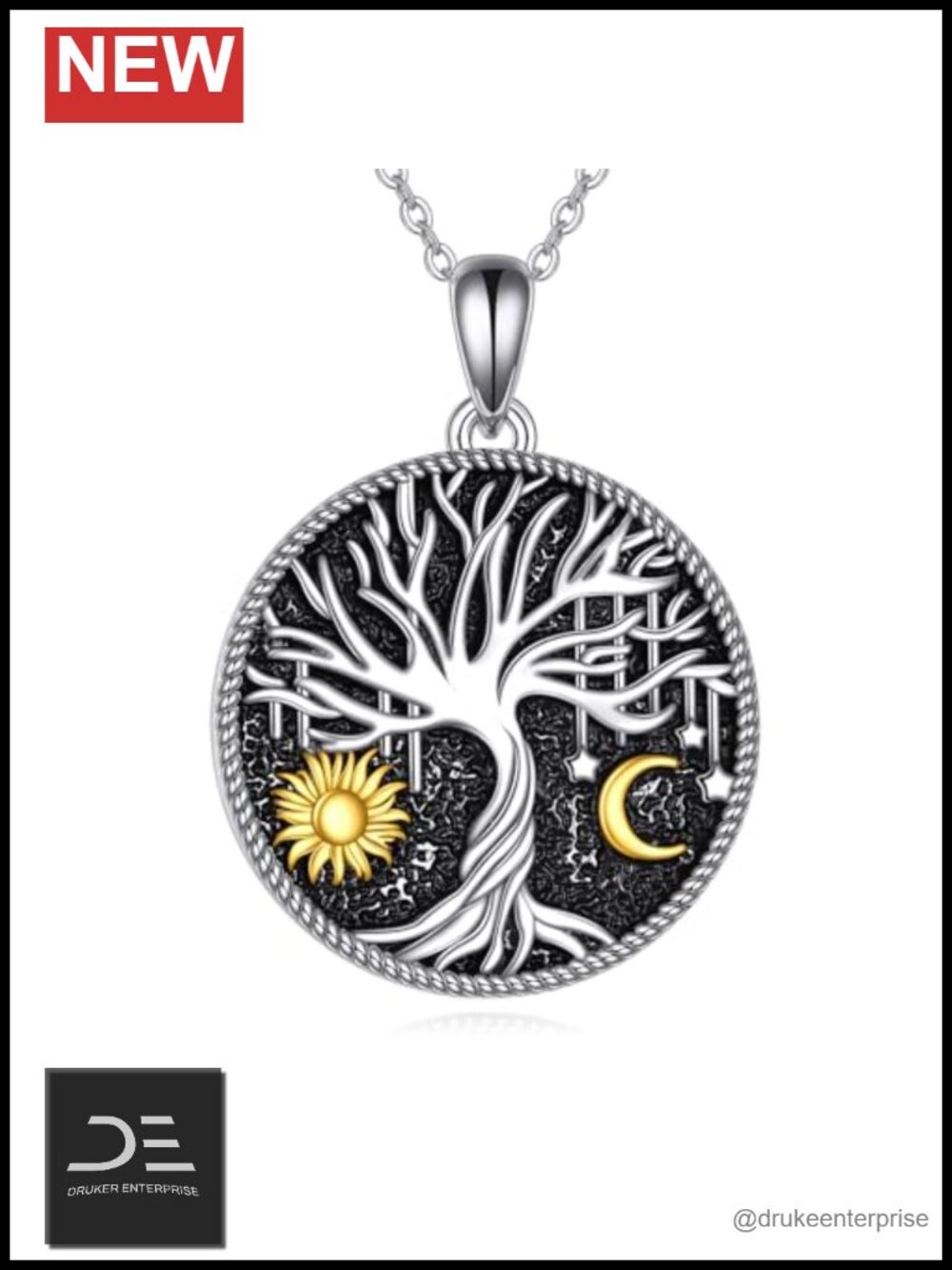 Sterling Silver Tree of Life Sun Moon Pendant Necklace 18in